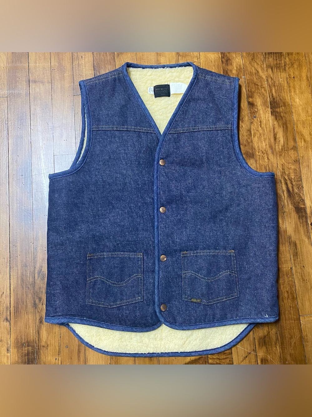 Vtg Mens Roebucks Denim Vest Snap Sherpa Lined Western Lg Tall Contrast Stitch